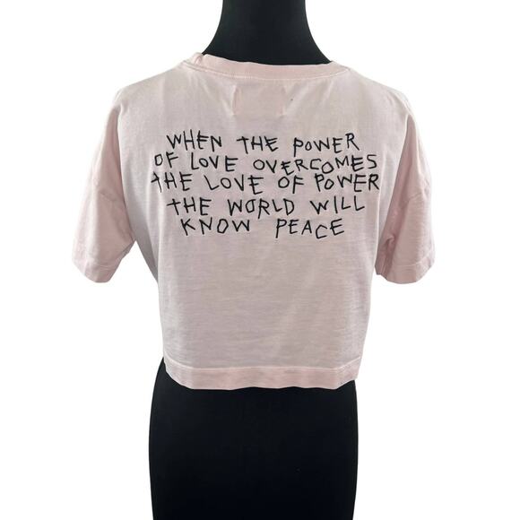 CHNGE Pink PEACE XS Crop Top Cotton Embroidered Round Neck Short Sleeve Pullover - Picture 1 of 9
